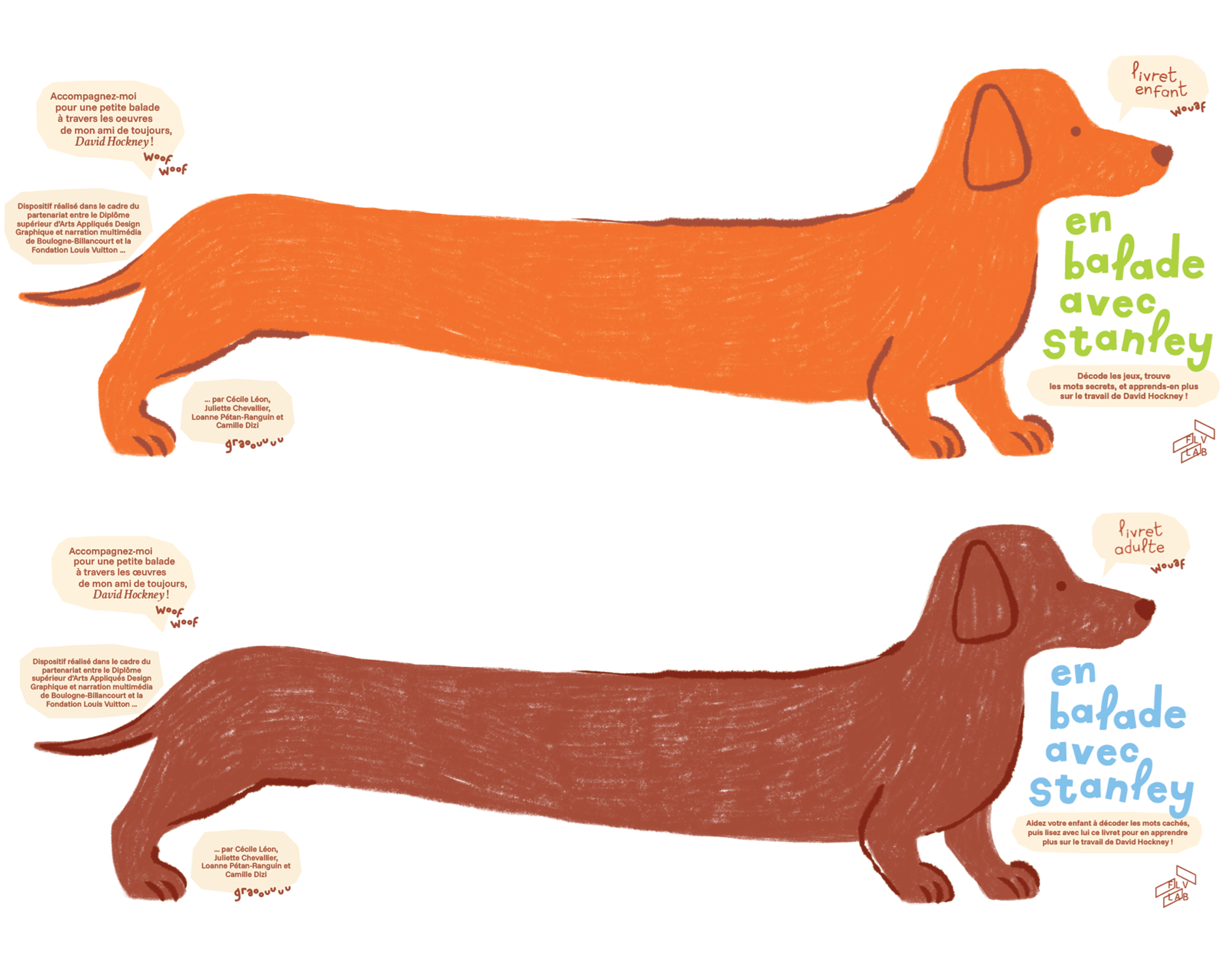 Illustration de deux teckels, mascottes des livrets de visite 'En balade avec Stanley' pour enfants et adultes